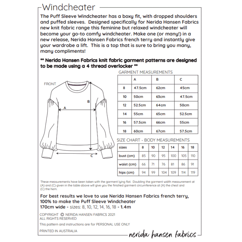 Puff Sleeve Windcheater PDF Sewing Pattern